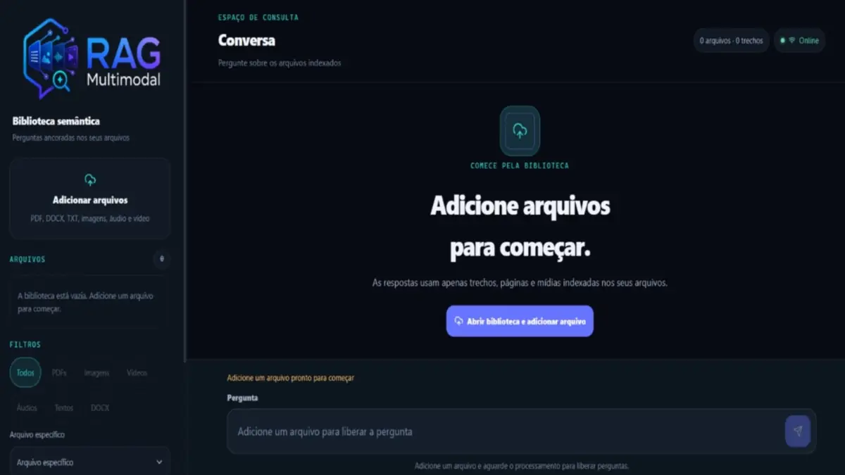 Biblioteca com IA que responde perguntas sobre PDFs, imagens, áudios e vídeos